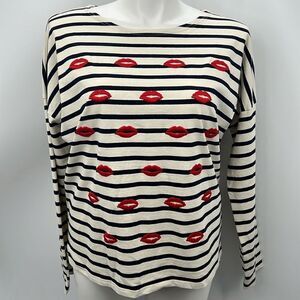 J Crew striped embroidered lips long sleeve oversized top